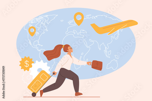 Immigration, brain drain, relocation with work visa. Tiny woman migrant running with suitcase to airport to travel, study or work in foreign country, big world map cartoon vector illustration