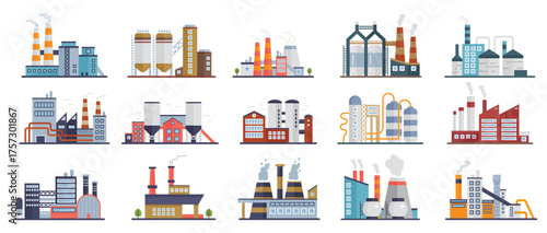 Vector illustration of various industrial factory buildings with unique architectural designs and equipment, representing different sectors of manufacturing, production, and processing industries