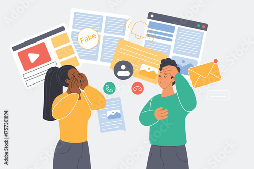 Fake and wrong news, online social media misinformation, hoax and panic of people. Tiny sad people with overload of misleading facts in video and false newspaper headlines cartoon vector illustration