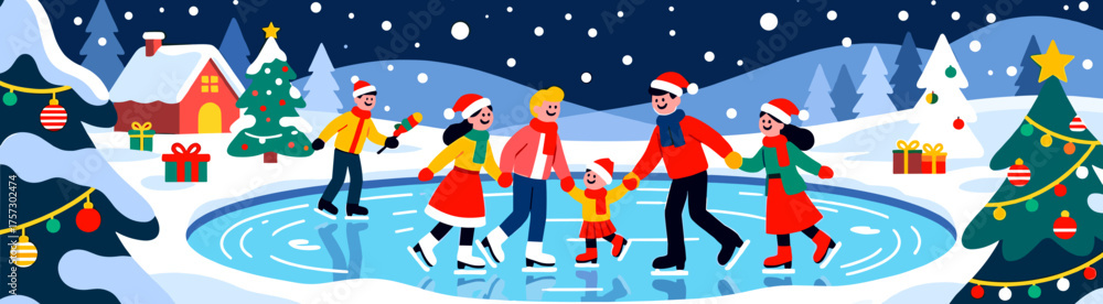 Obraz premium Families ice skating in snowy Christmas landscape illustration