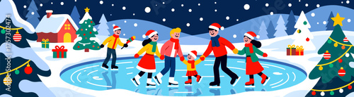 Families ice skating in snowy Christmas landscape illustration