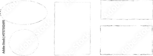 Set of white grunge frame borders with rough distressed edges and minimal texture design, abstract rectangular and oval shapes isolated on transparent background for modern poster or graphic layout.