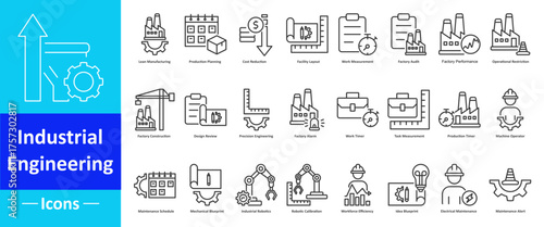 industrial engineering icon pack in creative outline vector style for business industry with automation robotics production planning safety inspection factory audit maintenance tools and process 