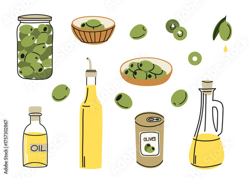 Olive products. Oil and canned berries in can, glass bottle on plate, branches with leaves, premium quality, extra virgin, healthy cooking ingredients. Vector cartoon flat style isolated illustration