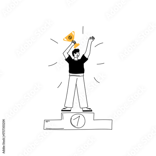 Winner people. Man with gold goblet on pedestal. Award ceremony. Happy young sportsmen or businessman with medal achieve goal. Successful leader doodle drawing. Vector cartoon isolated illustration