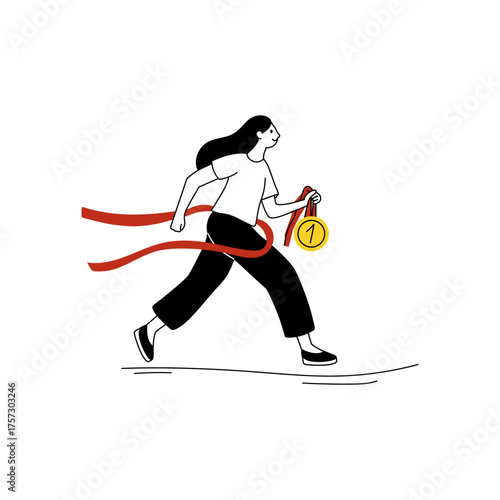 Winner people. Woman running. Award ceremony. Happy young sportsmen or businesswoman with medal achieve goal. Successful competition leader girl , doodle drawing. Vector cartoon isolated illustration