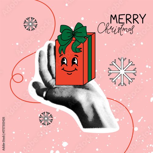 Christmas card. Halftone collage hand hold gift, xmas symbol. Winter holidays banner vintage design. Retro newspaper pop art. Arm gesture. Social media post. Vector isolated colorful illustration