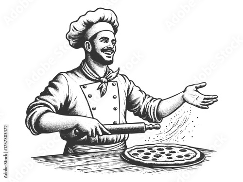 happy chef in traditional attire rolling out dough and gesturing while making a pizza at a table sketch engraving generative ai fictional character vector illustration. Scratch board. Black and white.