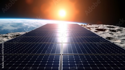 Fototapeta Naklejka Na Ścianę i Meble -  Solar panels on moon surface with earth view