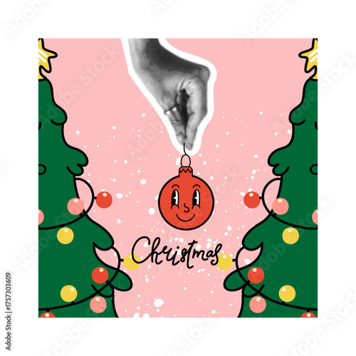 Christmas card. Halftone collage hand hold toy, xmas symbol. Winter holidays banner vintage design. Retro newspaper pop art. Arm gesture. Social media post. Vector isolated colorful illustration