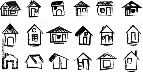 Collection of Hand Drawn Black Houses on White Background home building related to hand drawn, sketchy houses, black sketches, house illustration, roof designs, window styles, vintage houses,