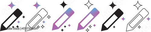 
AI writing or smart edit icon set. editing pen sparkle stars symbol. pencil compose symbol with sparkle stars. Artificial intelligence, intelligent content creation, seo, writing, or smart tools. Vec