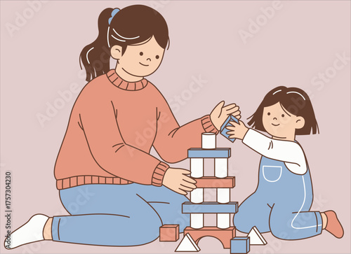 Mother and Daughter Playing with Building Blocks - Cute Cartoon Illustration