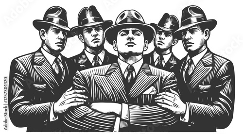gangster standing with arms crossed, flanked by serious bodyguards in suits and fedoras sketch engraving generative ai fictional character vector illustration. Scratch board. Black and white image.