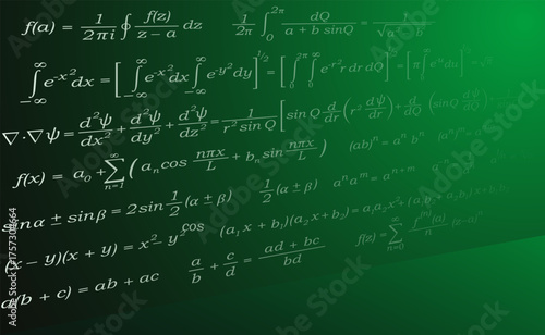 Mathematical formulas on a school chalkboard. Presentation poster. Design for mathematics materials.