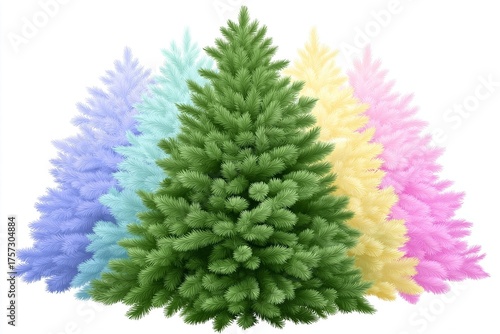 Colorful artificial Christmas trees in various pastel shades arranged in a visually appealing display, showcasing festive decor options for the holiday season