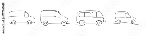 Collection of sketchy line drawings of vans in grayscale showcasing different angles and designs