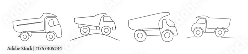 Four detailed sketches of dump trucks in various orientations highlighting their mechanical structure and design elements.