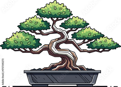 Cartoon bonsai tree with green leaves in a gray pot against a white background creating a peaceful and zenlike aesthetic for design projects