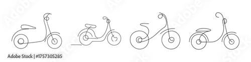 Four distinct electric scooters displayed in a clean line showcasing individual design elements and potential features