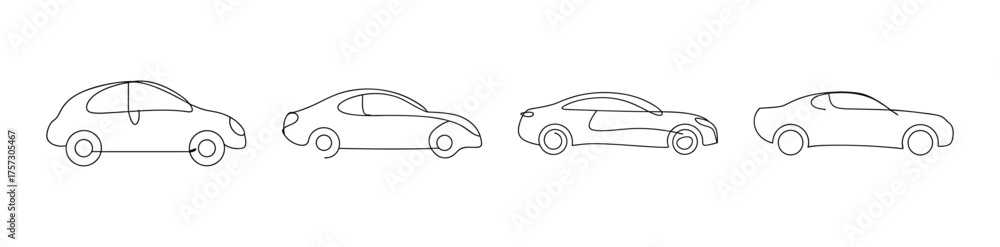 Naklejka premium Four distinct stylized line drawings of hybrid cars showcasing eco-friendly automotive design and technology concepts.