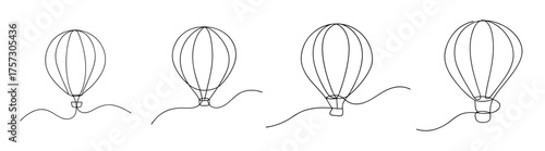 Four sequential pencil sketches of a hot air balloon lifting off showing motion and ascent sequence