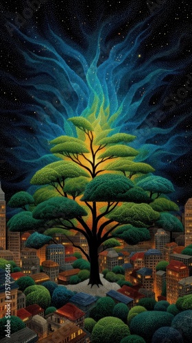 Radiant Tree in Cityscape at Night with Colorful Lights and Starry Sky Imagery, Nature Meets Urban Life in Artistic Illustration