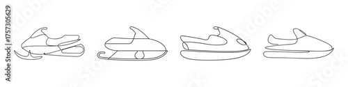 Detailed line drawings of four distinct snowmobiles showcasing design elements and mechanical features