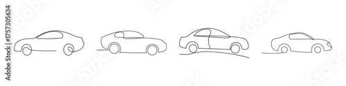Set of four sketch line art drawings depicting different views of a classic sedan automobile