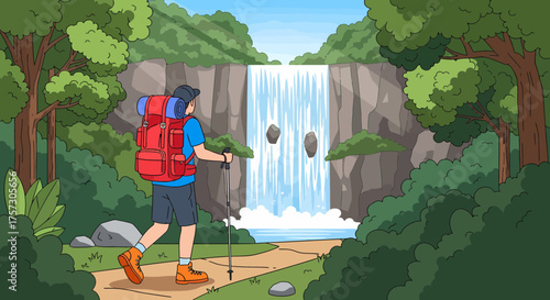 Adventurer Enjoying Nature Landscape With A Dramatic Waterfall