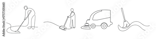 Four simplified sketches show a street sweeper cleaning sidewalks and a truck involved in municipal services