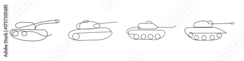 Four detailed sketches of early 20th century tanks showing mechanical intricacies and design features