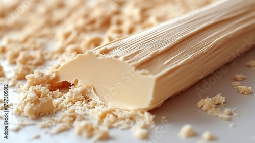 Closeup Long Bar of Fudge with Crumbles on Top over White Surface, Dessert