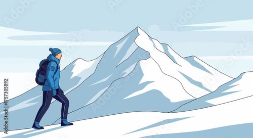 Adventurer Reaching Summit in Snowy Mountain Landscape Illustration