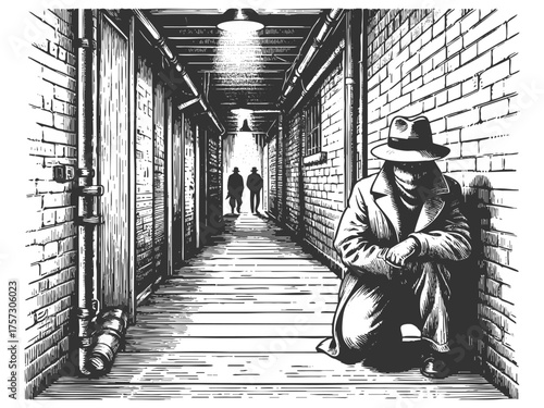 shadowy alley with a trench-coated figure hiding as two others approach, evoking suspense and noir tension sketch engraving generative ai vector illustration. Scratch board. Black and white image.