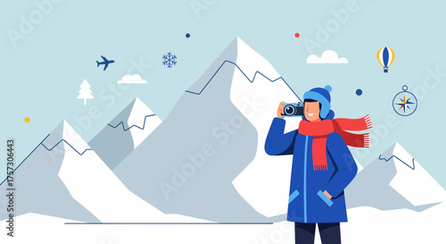 Adventurous Tourist Capturing Snowy Mountain Scenery With Camera