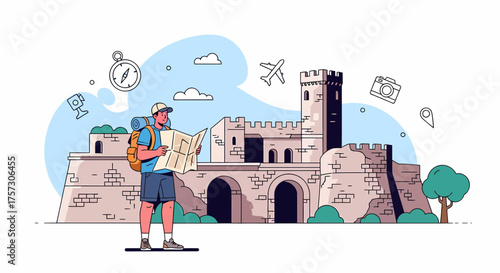 Adventurous Tourist Exploring Ancient Fortress With Map And Travel Icons