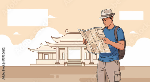 Asian Traveler Exploring Temple Using City Map For Navigation Adventure