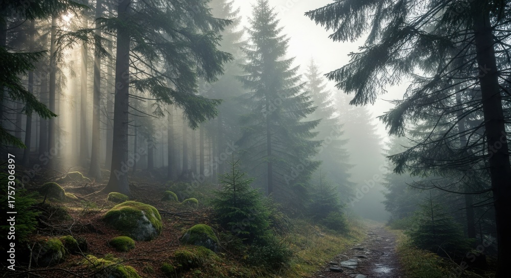 Fototapeta premium Enchanting misty forest with sun rays shining through the trees beautiful nature scene