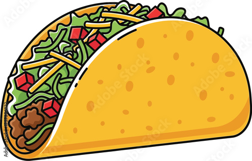 Delicious taco filled with meat lettuce cheese and tomatoes on a light background perfect for menu design or food illustration projects