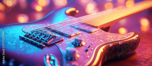 Electric Guitar Glowing with Blue and Orange Lighting on Dark Surface