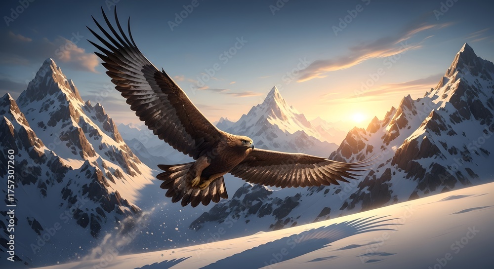 Fototapeta premium Golden eagle soars over snowcovered mountains at sunset, its wings spread wide against the clear blue sky