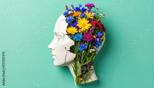 A cracked white head bust filled with a vibrant assortment of colorful flowers blooms beautifully.