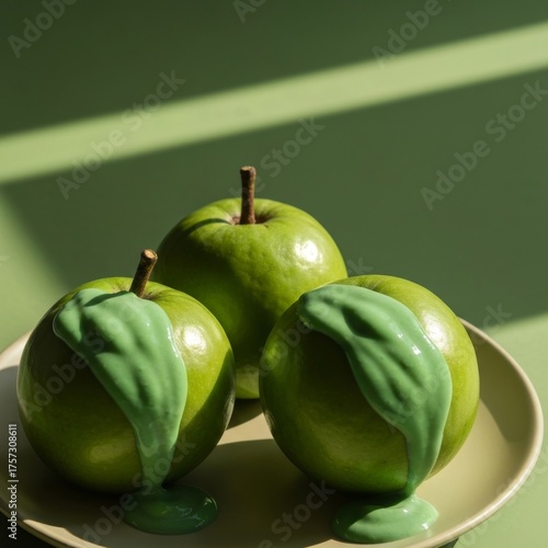 Vibrant green apples artfully drizzled with creamy green glaze create a modern culinary delight perfect for health food promotions