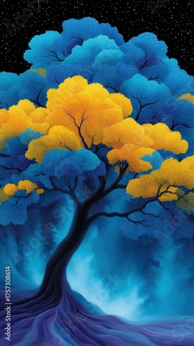 Vibrant Abstract Tree with Blue and Yellow Leaves Under Starry Night Sky in a Dreamlike Landscape