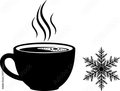 Cozy Winter Mug Snowflake Black Silhouette. Hot Drink, Coffee, Cocoa, Winter, Warmth, Comfort, Isolated Vector Icon, Simple, Holiday Season.