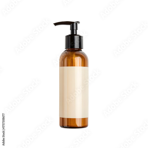 Amber bottle with pump dispenser isolated on transparent background
