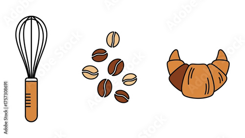 Coffee and baking vector icons set featuring whisk, coffee beans, and croissant