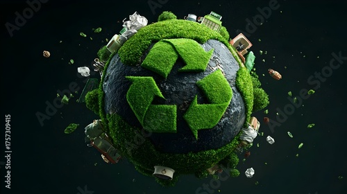 3D top view of Earth with green grass recycling symbol and recyclable waste elements. Recycling, sustainability, eco-awareness, Earth care, conservation, waste management, and green planet protection.