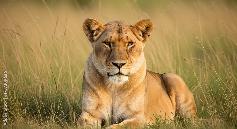 Obraz premium Lioness resting in the tall grass, gazing directly at the camera with a serene expression